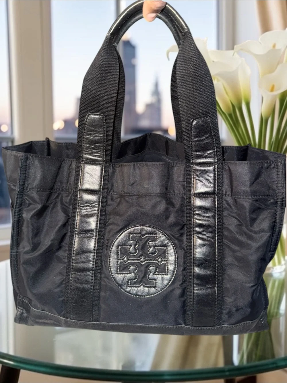 Tory Burch Ella Large Nylon & Leather Logo Tote Bag – Black
